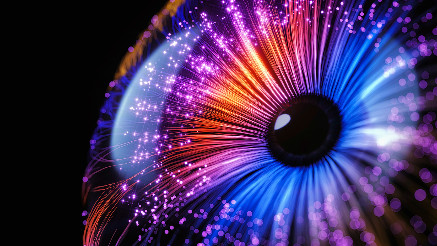 A close-up of an abstract eye, illuminated with vibrant shades of blue, purple, and orange light streaks radiating outward, resembling fiber optics or neural connections.