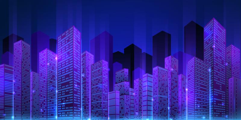 A stylized futuristic city skyline with glowing purple and blue buildings against a dark background, evoking a cyberpunk aesthetic.